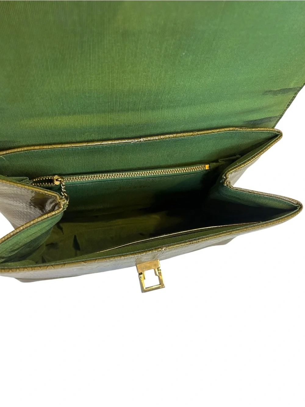 Vintage Olive Green Faux Snakeskin Top Handle Purse Gold Turn Lock Structured